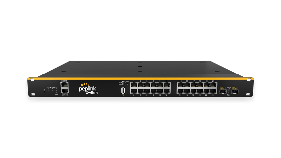 This picture of a Peplink 48 port Switch leads you to an overview page of all Switch devices.